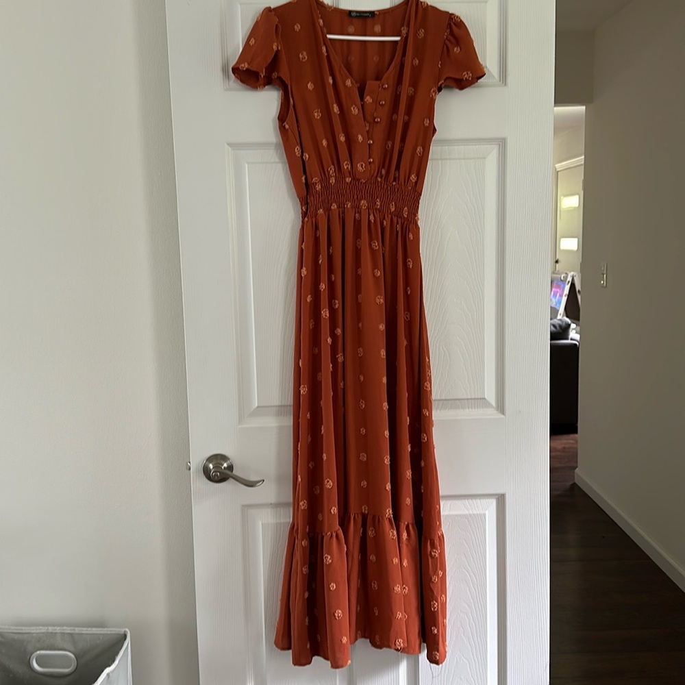 Prettygarden women's short sleeve Swiss dot dress- size small orange red